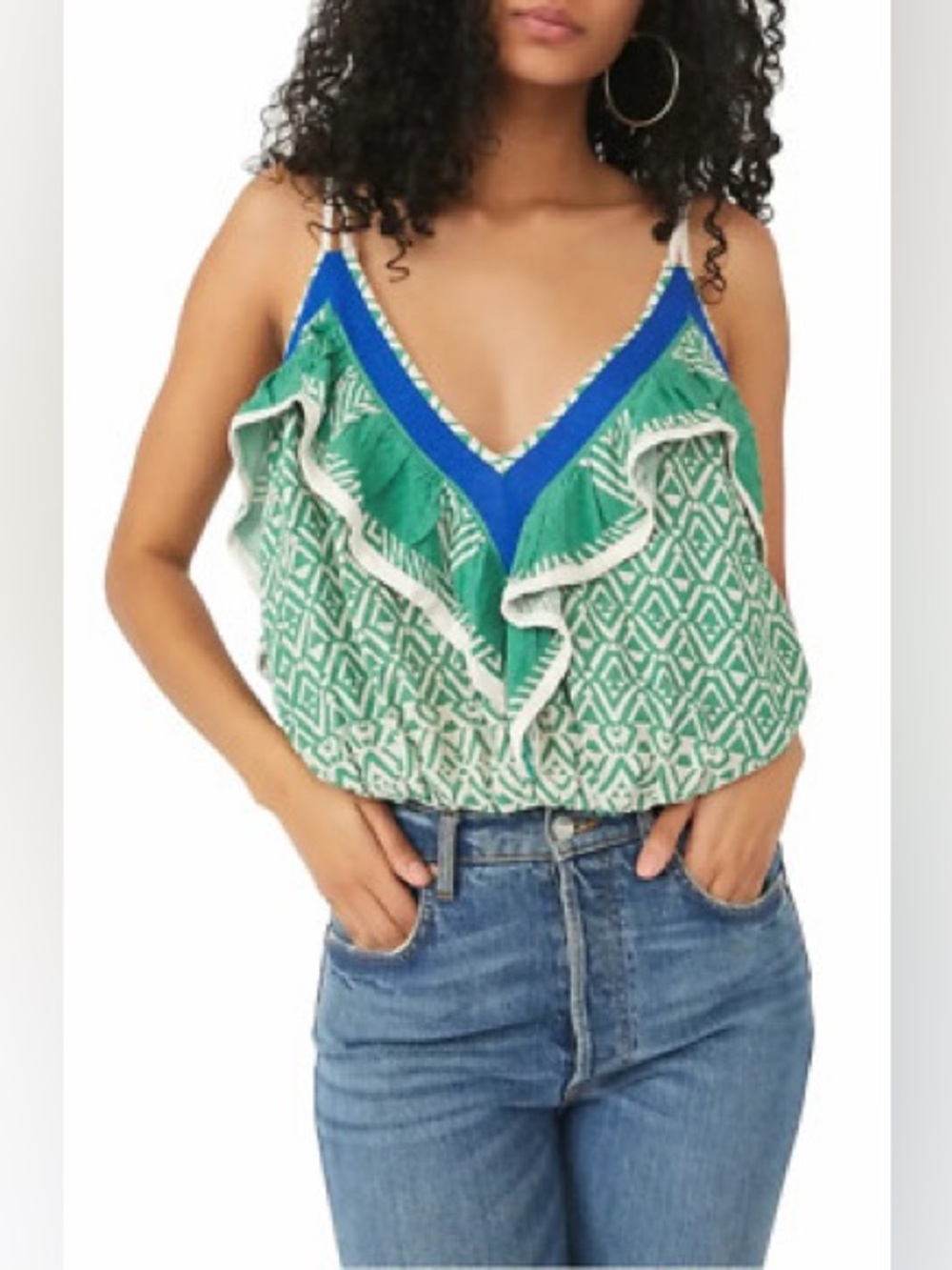 NWT Free People Anika Ruffle Tank Boho Festival Vibe Jade Combo Medium